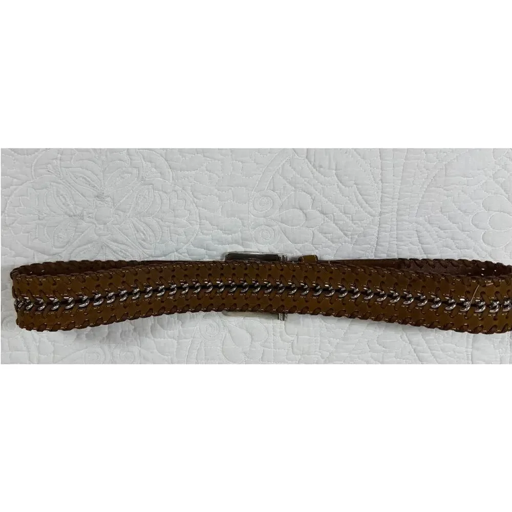 Brighton Women L Brown Braided Leather Silver Buckle Accent Belt Minimalist